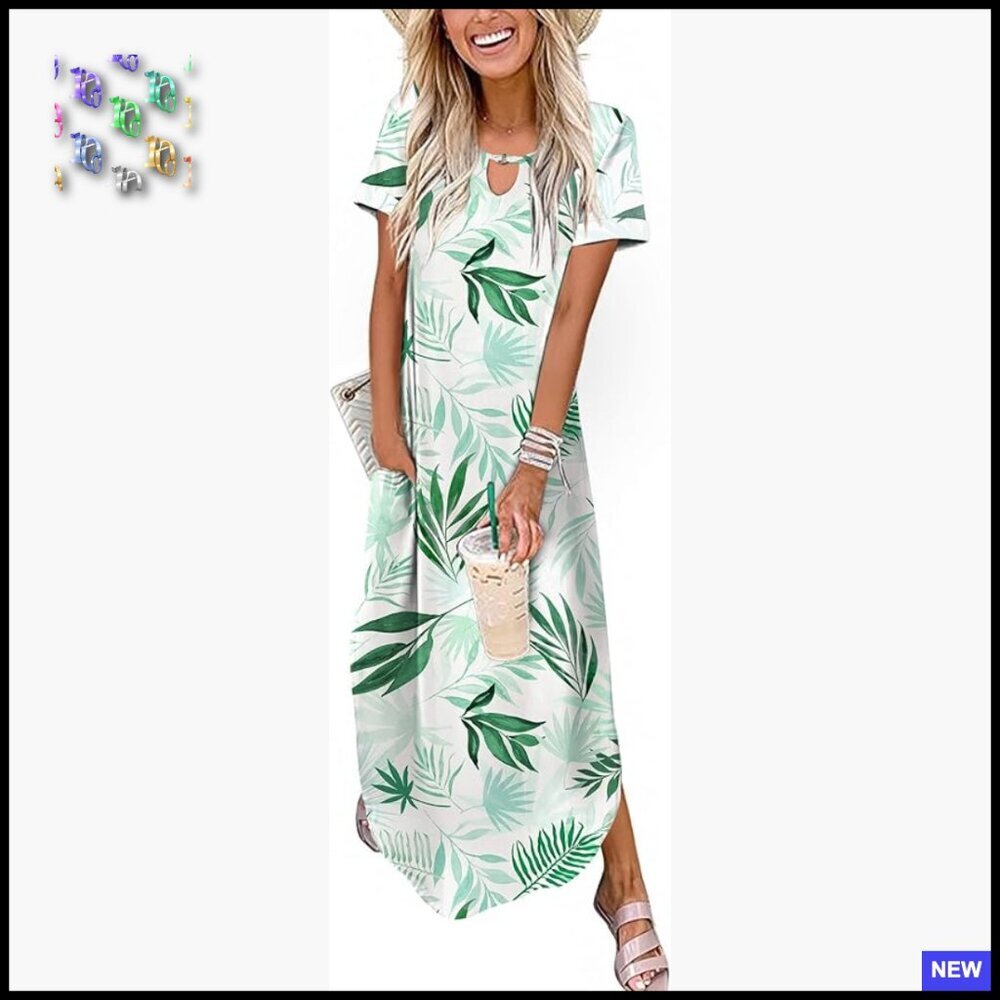 Maxi Summer Dress with Pockets Casual Short Sleeve Sundress Trendy Curve Hem